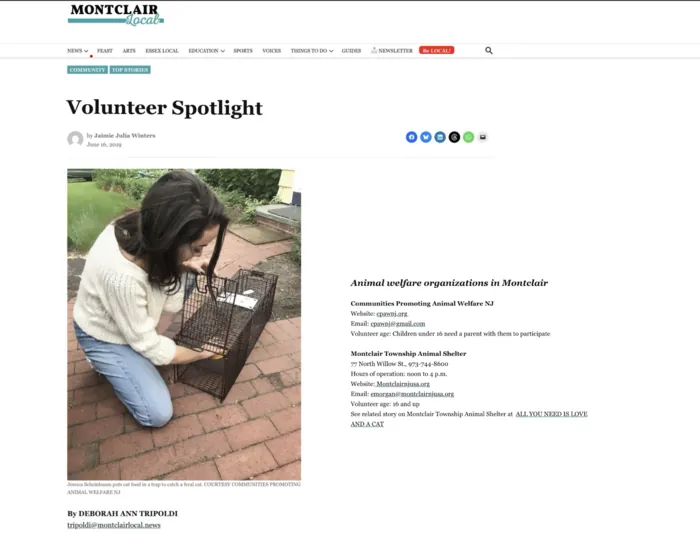 A Montclair Local Volunteer Spotlight article, with a photo of Jessica setting out cat food